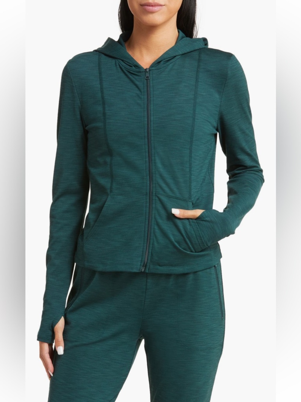 Beyond Yoga Women's Heather Rib Zip-Up Hooded Jacket Midnight Green Heather Rib